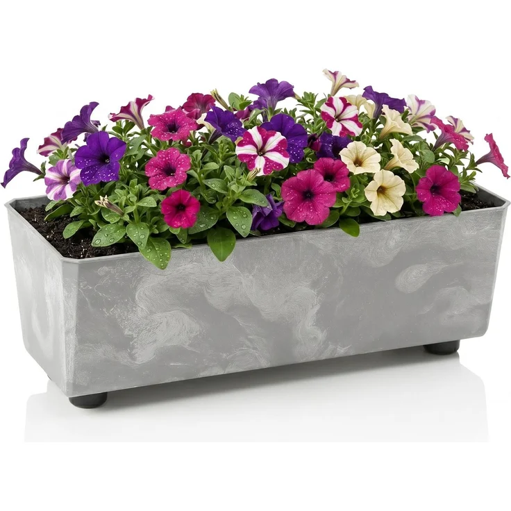LAMELA Rechteckiger Pflanzkasten mit eleganten Füßen – Grauer Blumenkübel in Betonoptik aus robustem Kunststoff 37x17 cm, 6L – Wetterfest & Pflegeleicht - für Innen & Außen
