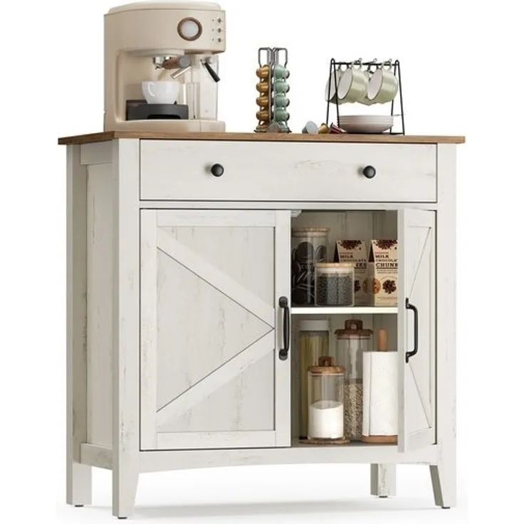 VASAGLE Küchenschrank, Sideboard mit Schubladen, Aufbewahrungsschrank mit Türen, verstellbare Ablage, Landhausstil, für Wohnzimmer Küche, 40 x 80 x 80 cm, vintageweiß-honigbraun BBKDE341W01