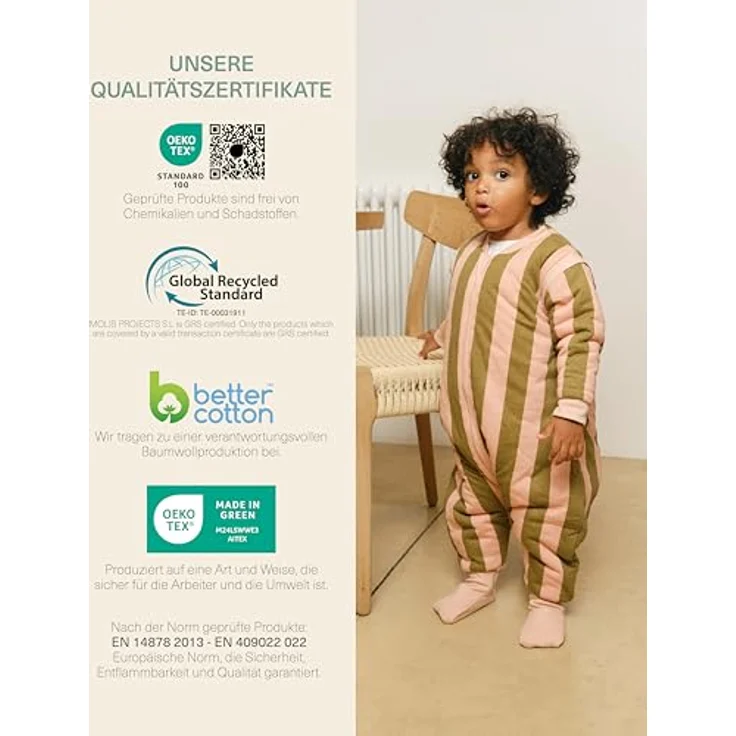molis&co. Baby-Schlafsack mit Füßen, abnehmbare Ärmel und Socken. 2.5 TOG. Ideal für die Übergangszeit und den Winter. 100% Baumwolle (Oeko-TEX 100). (Khaki&Rose Stripes, 90 cm (3 Jahre)) – Bild 7