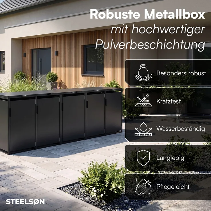 STEELSØN 'Thoria' Mülltonnenbox 5er je 240 Liter, graphitschwarz, Mülltonnenverkleidung aus Stahl, wetterfest, 116x80x332 cm, Müllbox für 5 Tonnen – Bild 4