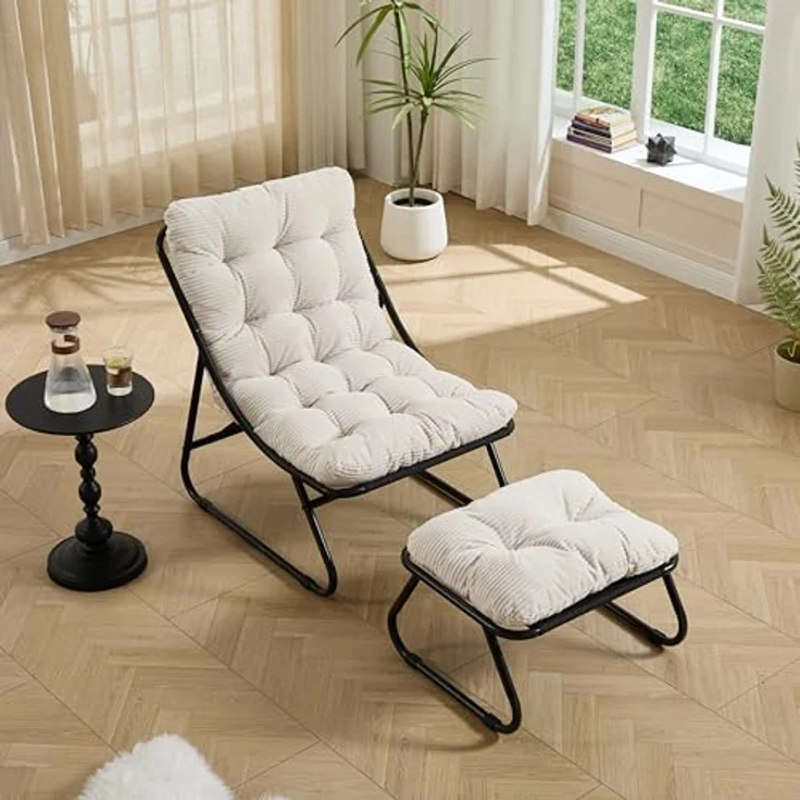 Ball & Cast Outdoor Lounge Sessel, Relaxsessel mit Hocker und Cushion für Garten, Balkon, Wohnzimmer & Schlafzimmer, Weiß – Bild 1