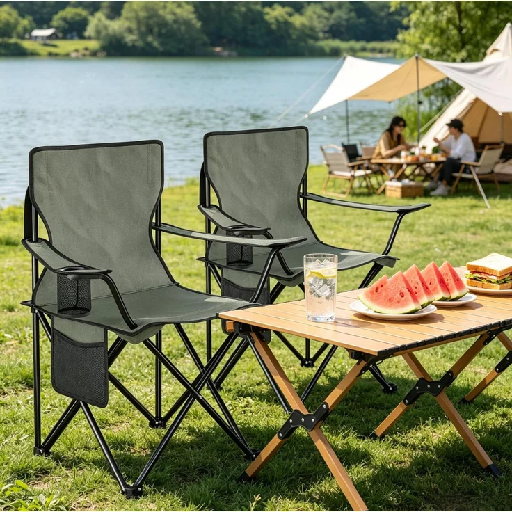 Campingstuhl 47x76x80,5 cm, 2er-Set mit Getränkehalter und Tragetaschen – klappbar, dunkelgrau – Bild 2