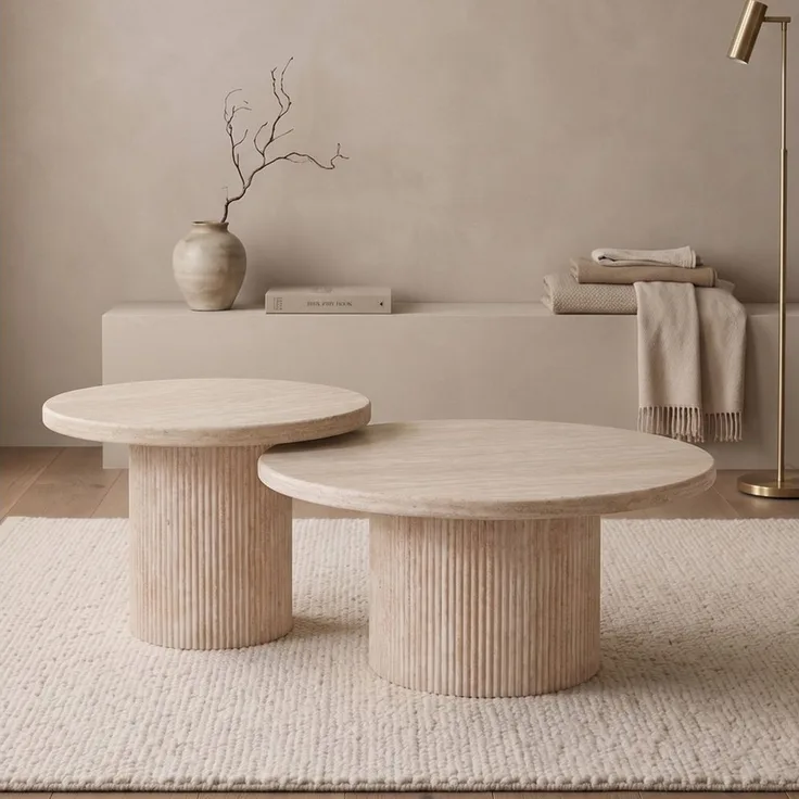 alesvelt Couchtisch Trivento Travertin-Design Tischplatte 2er-Set im edlen Säulenstil (2-er Set), Ø80X38 CM + Ø60X43 CM