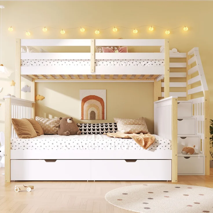 Merax Etagenbett, Hochbett, 90 x 200cm & 140 x 200cm mit Schubladen, Stauraum, ohne Matratze, multifunktional, Weiß+Natur – Bild 2