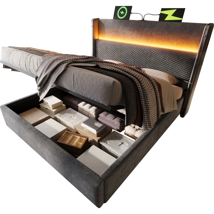 Merax Polsterbett, 160x200cm Doppelbett , Modernes Hydraulisches Bett mit Hohem Kopfteil, mit LED-Beleuchtung, Stauraum & USB/Type-C-Anschlüssen, in Leinen Optik Grau – Bild 10