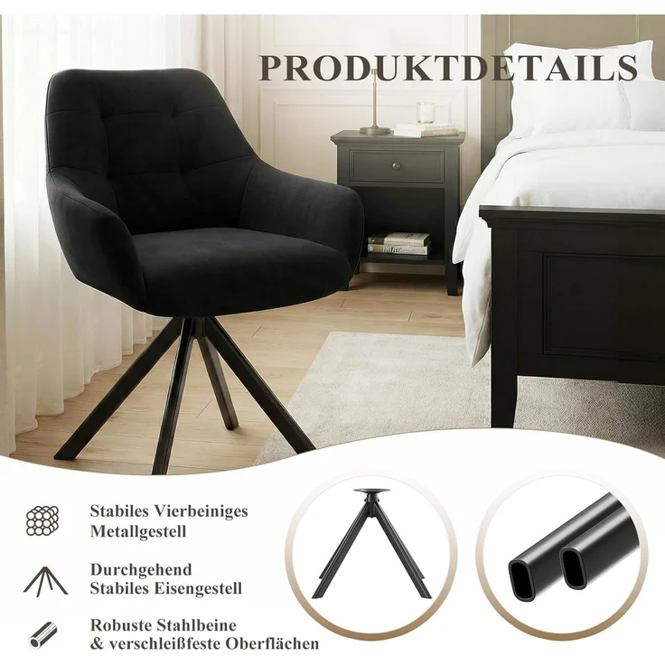 COLAMY Drehbare Esszimmerstühle 4er Set, Esszimmerstühle Drehbar mit Armlehne, Armlehnstuhl Drehbar mit Rückenlehne für Esszimmer, Stühle aus Weichem Florstoff mit Metallgestell für Küche, Schwarz – Bild 8