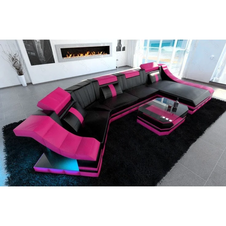 Sofa Dreams - Mini Luxus Wohnlandschaft Turino C-Form mit LED - Echtleder - Schwarz-Pink - Rechts – Bild 6