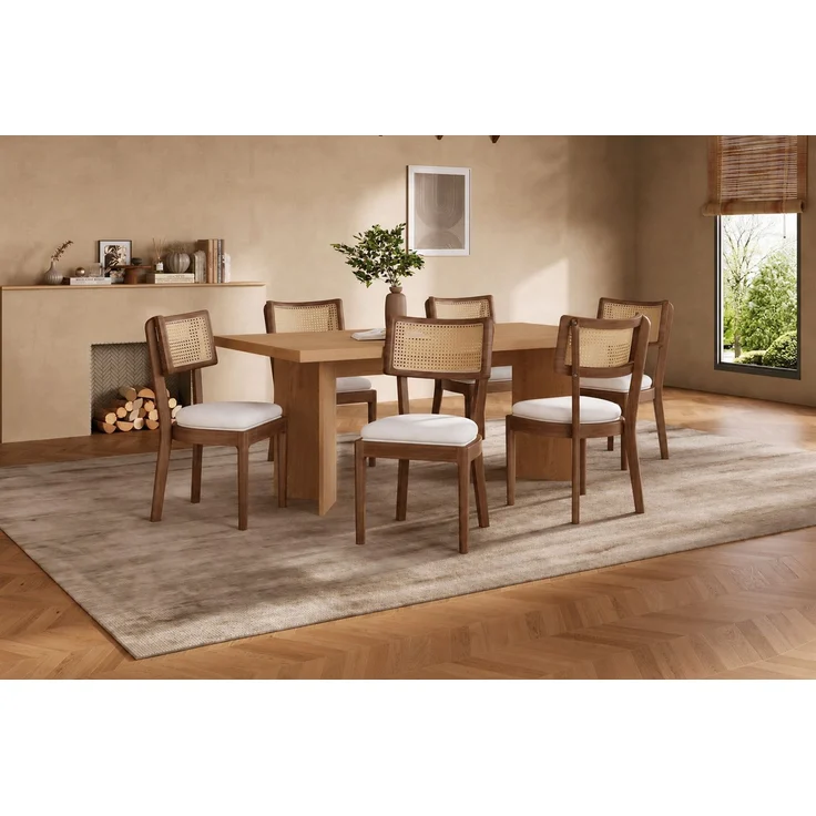 4 Esszimmerstühle aus Massivholz mit Rattan-Rückenlehnen, bequem und atmungsaktiv, geeignet für Esszimmer, Wohnzimmer, Cafés, moderner Stil, Leinen, Walnussholzfarbe und Beige – Bild 18