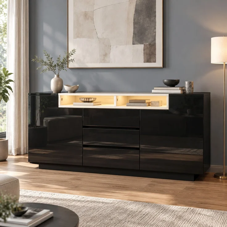 DESVIAE Sideboard Schwarz aus Spanplatte – 140x68x40 cm – 3 Schubladen, LED-Beleuchtung – Bild 2