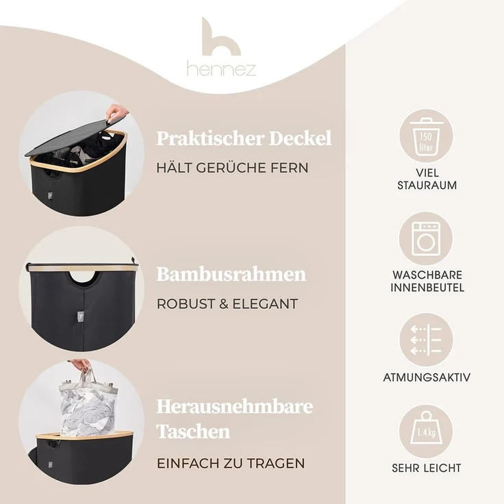 HENNEZ Wäschekorb Wäschebox 150L - Wäschekorb 3 Fächer mit Deckel, Wäschesortierer mit Wäschesack, schwarz Bambus – Bild 2