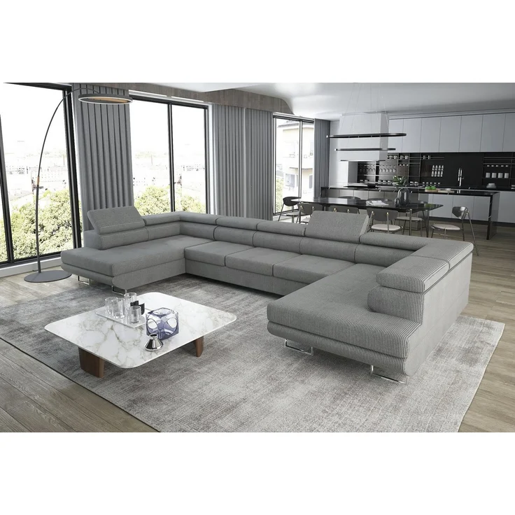 thematys Ecksofa Aston U 403 x 203 cm, mit Schlaffunktion, mit Bettkasten, mit verstellbaren Kopfstützen, Grau (Poso 55), Ausrichtung 390 cm – Bild 1