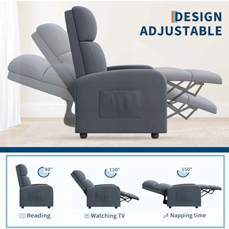 GarveeHome Relaxsessel Fernsehsessel Ruhesessel Liegesessel mit Liege-Funktion Polstersessel Leinen verstellbar Einzelliegesessel Wohnzimmer Schlafzimmer Heimkino (Grau2) – Bild 4