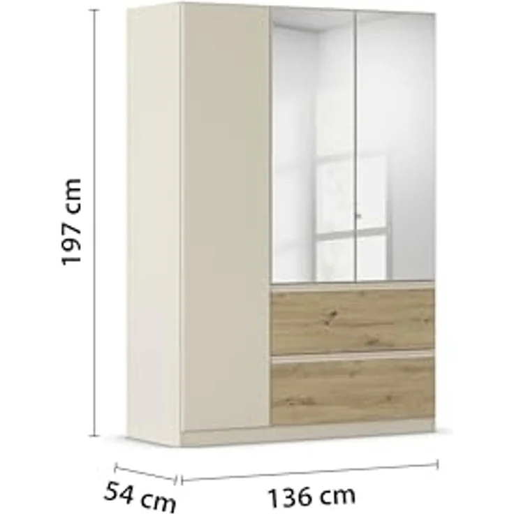 Rauch Möbel Costa, Kleiderschrank für Schlafzimmer, Kinderzimmer, Babyzimmer, Garderobe, 3-türig, Spiegel, 2 Schubladen, Push-to-Open, Zubehör Premium, Farbe Beige/Eiche Artisan, Holz, Breite 136 cm – Bild 3