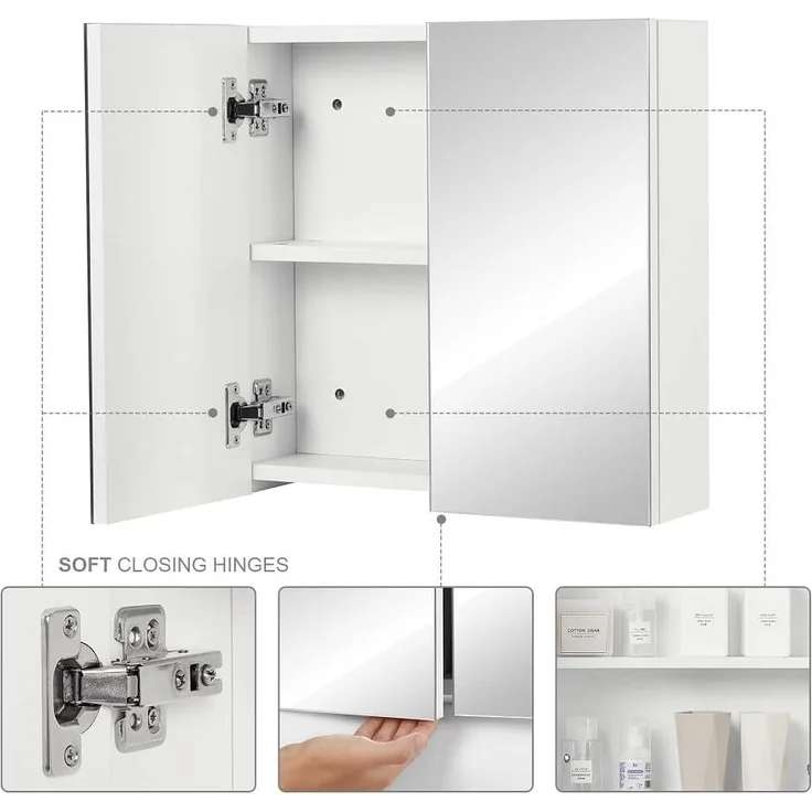 Meerveil Spiegelschrank, Badezimmerspiegel mit 2 Türen 2 Einlegeböden Holz Moderner Stil, 45 x 13 x 45 cm Weiß, FYMC14WT-G2N, Weiß - Rechter – Bild 4
