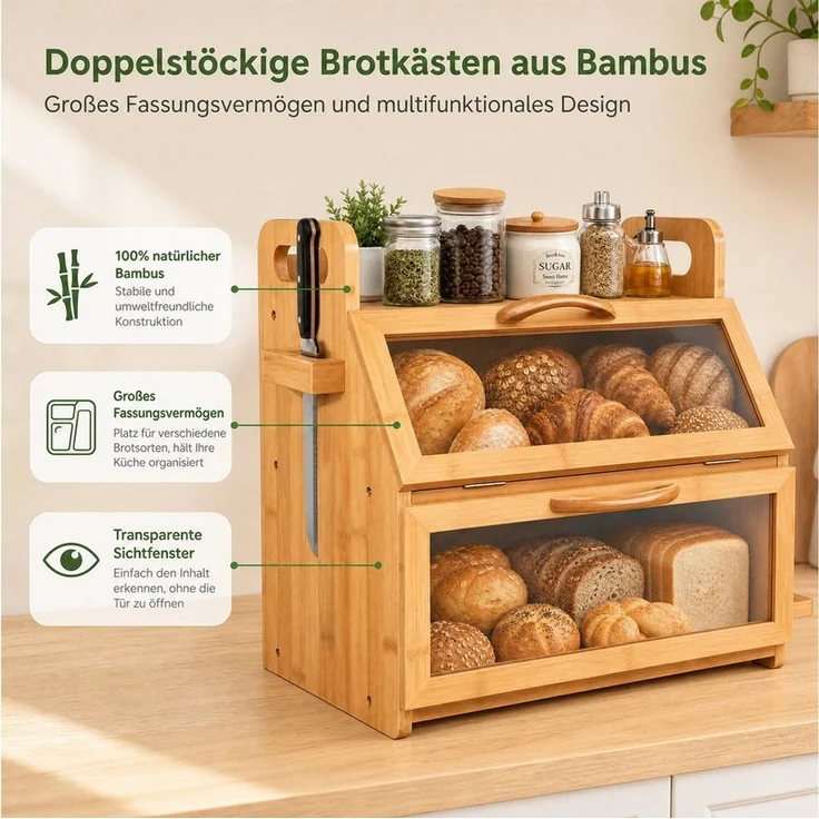 PFCTART Brotkasten Brotkasten XXL 38x28x39 cm – Großer Brotkasten aus Bambus, Bambus und Holz, (Set, 1-tlg, Für Brot, Baguette, Brötchen & Snacks – einfache Montage), 2 Etagen, Sichtfenster, Werkzeugablage & Messerhalter – Bild 2