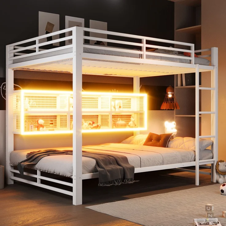 EINHOM 140 x 200 cm Etagenbett mit Stauraumschränken und LED-Licht, Weiß (Ohne Matratze) – Bild 1