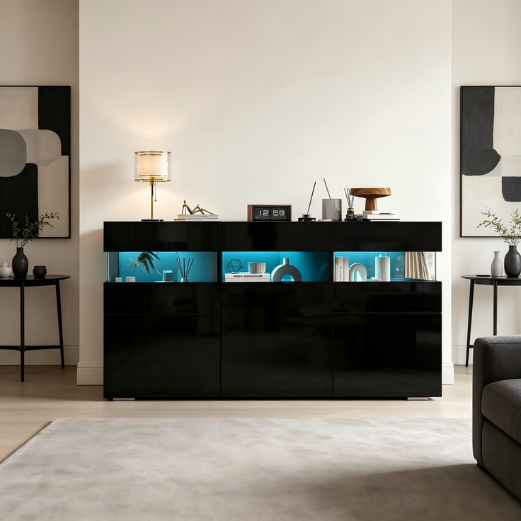 Merax 140cm Wohnzimmer-Sideboard, Kommode mit 3 Türen, Hochglanz-Wohnzimmerschrank mit LED-Lichtleiste, Transparentes Acrylgehäuse, Schrank mit 7 Ablagefächern, Schwarz – Bild 5