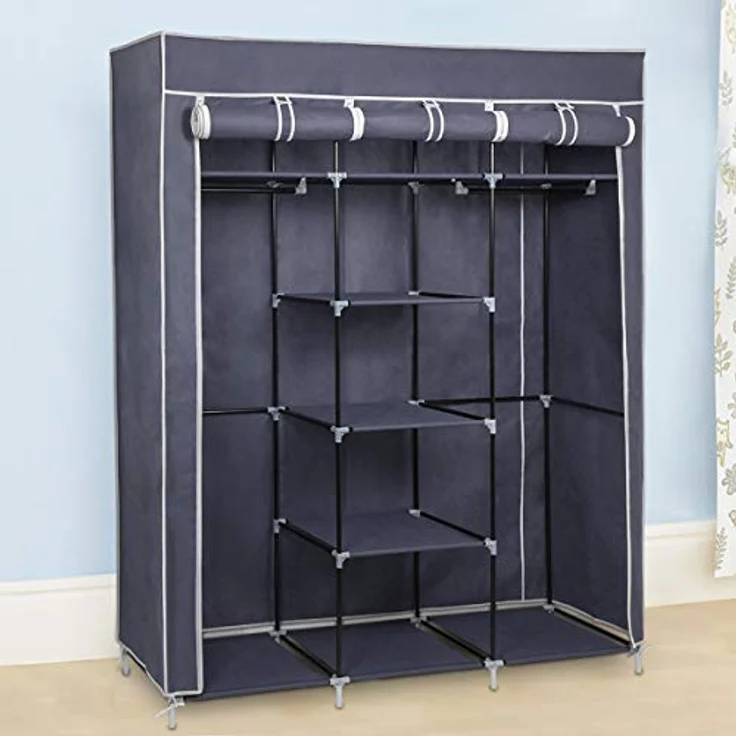 Mondeer Stoffschrank für Schlafzimmer, Kleiderschrank, zusammenklappbar, mit sechs Reißverschlüssen und DREI Türen, schneller Zugriff, 175 x 150 x 45 cm, großes Stauraum, Grau – Bild 5