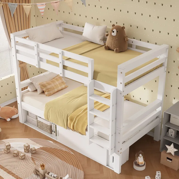 Bett als teilbares Etagenbett, 2 Liegeflächen à 90x200 cm, Weiß, mit Schiebetür-Stauraum, ohne Matratze