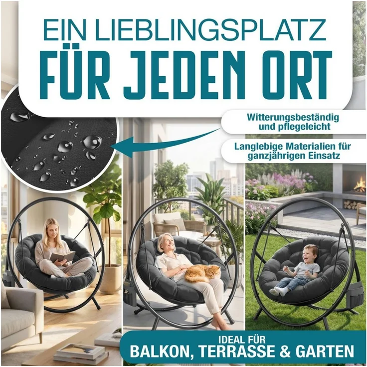 KESSER® 'BALI' Hängesessel, mit Gestell, bis 150kg, für Indoor und Outdoor + Kissen & Seitentasche, Stahlgestell/Schaumstoff Schwarz, 167,5 x 140 x 115,5 cm – Bild 4