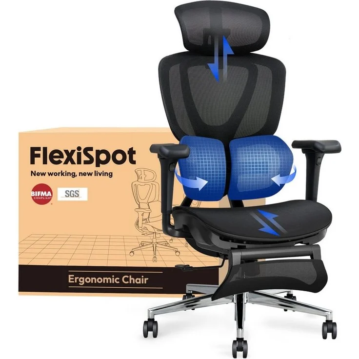FLEXISPOT Drehstuhl Ergonomischer Bürostuhl, Arbeitsstuhl mit Dual-Wing Lendenstütze (3D-Kopfstütze & 3D-Armlehnen & Verstellbarer Sitztiefe), 3-Stufen Neigung & höhenverstellbare Rückenlehne, MIT Fußstütze – Bild 5