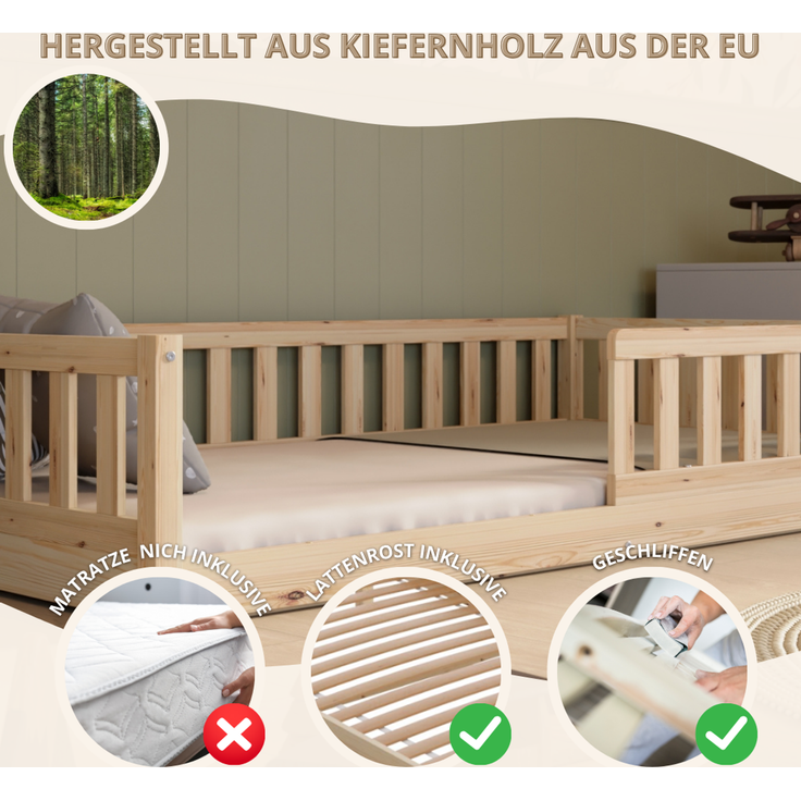Crazy Pine 'Crazy Basic' Kinderbett mit Rausfallschutz, Skandinavisches Design, Holz, Natur, 140x200 cm, ohne Beine – Bild 4