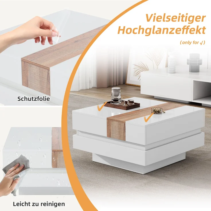 Couchtisch Hochglanz Weiß ausziehbar, 70x70x39 cm, mit Staufächern – Bild 6