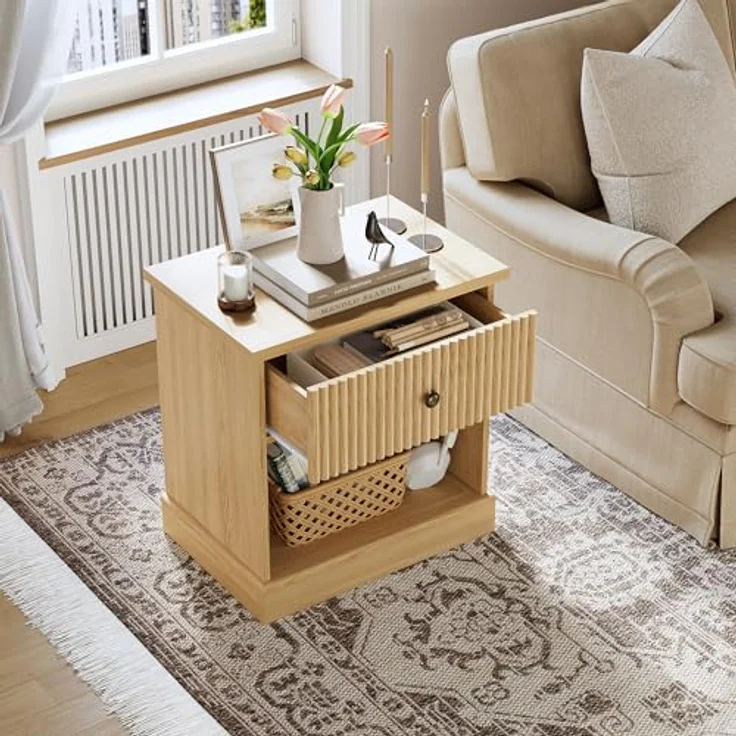 GarveeHome Nachttisch Mit Geriffelten Schubladen Und Offene Lagerung, Kommode Mit Metallgriffen, Nachttisch Mit 45 kg Tragkraft, Für Schlafzimmer Und Wohnzimmer, 57,7 x 39,6 x 61 cm – Bild 1