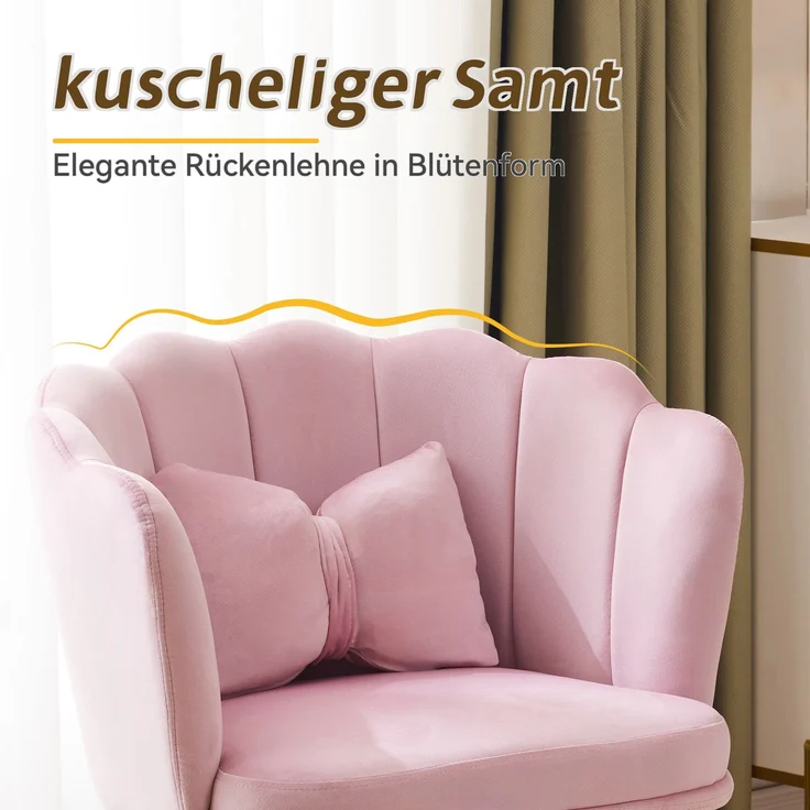 Merax Samt-Wohnzimmerstühlen(1 St), Badezimmerstühlen, gepolsterten Stühlen, vergoldeten Metallbeinen und Schmetterlingskissen, Rosa – Bild 5