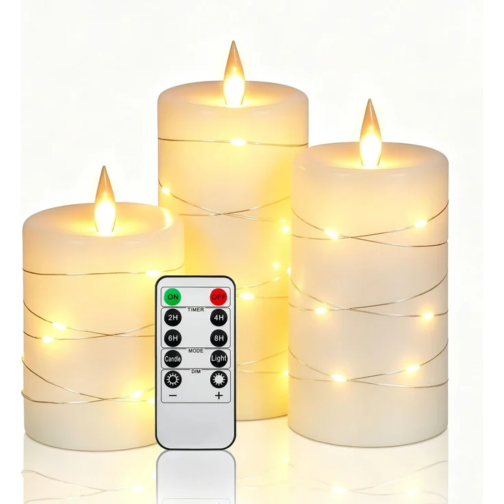 Da by 3 Stück Elfenbein Paraffin LED Kerzen mit Feenlichtkette, Realistische Flackerflamme, Batteriebetriebene Premium Kerzen mit Fernbedienung, Wiederverwendbar für Wohn- und Festdekoration