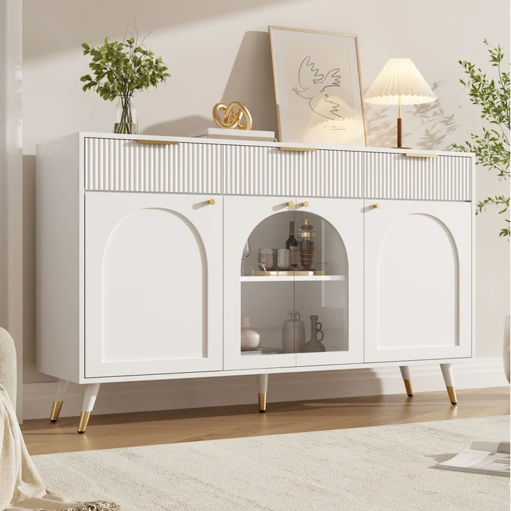 DESVIAE Sideboard Weiß aus MDF/Spanplatte – 140x85,5x40 cm – 4 Türen, 3 Schubladen – Bild 4