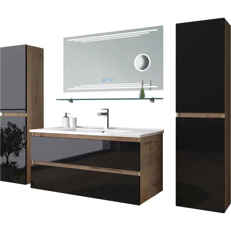 Homeline Badmöbel Set Eiche/Schwarz Kaiser Hochglanz90 cm Spiegel incl LED (90, 8, 4X Seitenschränke) – Bild 2