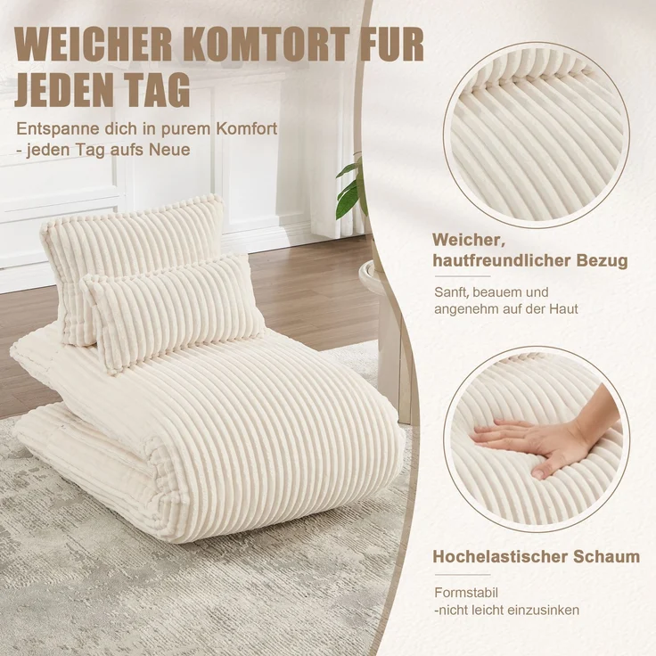 LVHOM Schlafsessel mit Bettfunktion, 227 cm Klappsessel Bodensessel mit Stahlrahmen, klappbarer Relaxsessel inkl. 2 Kissen, bis 150 kg belastbar, Cord Beige – Bild 5