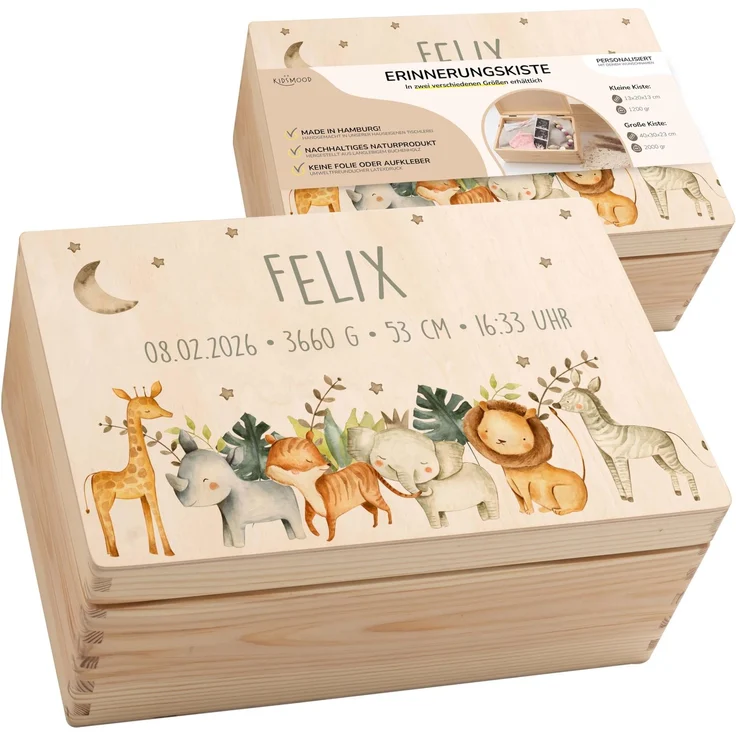 KIDSMOOD - Erinnerungsbox Baby, personalisierte Holzkiste mit Deckel, Ideal zur Aufbewahrung von Erinnerungen und als Geschenk zur Geburt, Taufe oder als Geburtstagsgeschenk für Mädchen und Jungen
