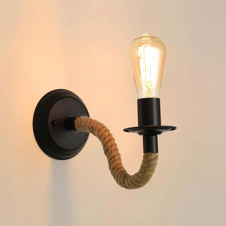 Comely Wandleuchte Retro, E27 Wandlampe aus Hanfseil Schwarz, Industrial Wandleuchte Innen für Schlafzimmer, Wohnzimmer, Treppen, Flur (ohne Leuchtmittel)