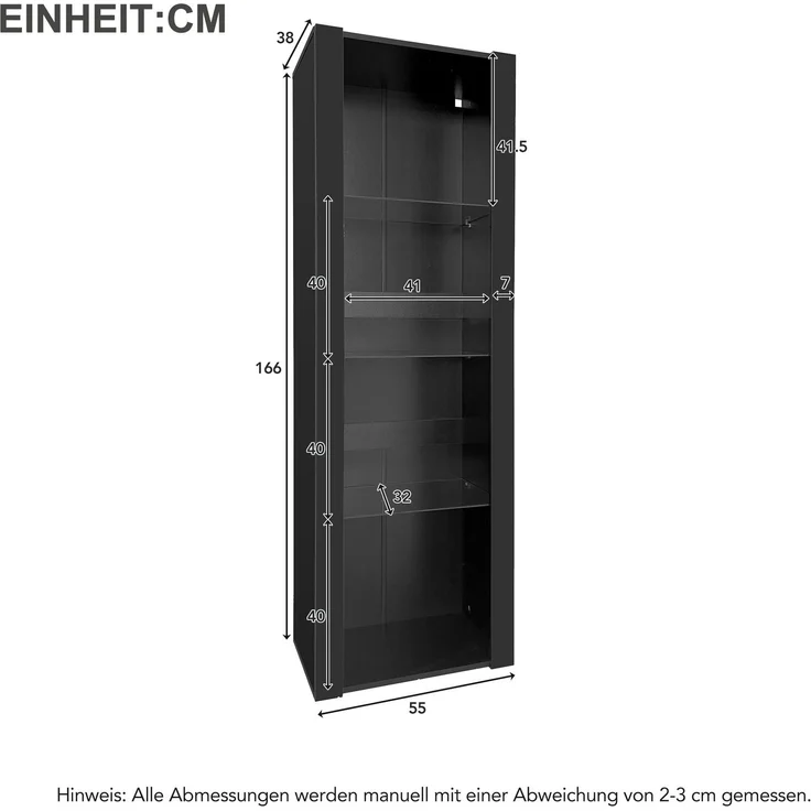 Merax Schwarzer Hochglanz-Vitrinenschrank mit LED-Beleuchtung, 3 Glasfächer, 55*38*166cm, Vitrine, Stehschrank, Hochschrank, Lagerschrank – Bild 4