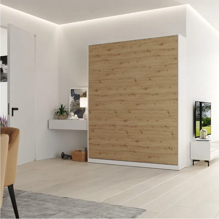 SMARTBett Schrankbett Classico 160x200 cm Vertikal Weiß/ Wildeiche Wandbett, Wandklappbett Gasdruckfedern