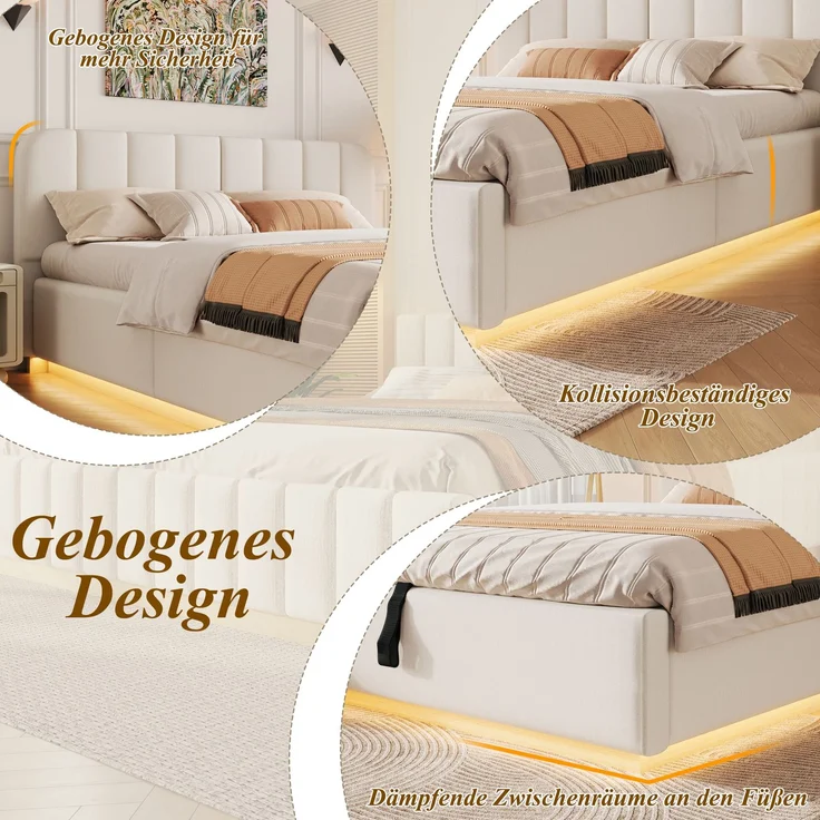 Polsterbett, Doppelbett, 140 x 200 cm, Bett mit Lattenrost, Kopfteil, Gepolstertes Kopfteil, Hydraulische Lagerung, Mit LED-Lichtleiste, Ohne Matratze, Beige Chenille – Bild 8