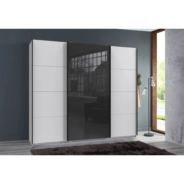 Schwebetürenschrank Kleiderschrank B225 cm H208 cm 3-türig Weiß, 1x Tür Glas Schwarz – Bild 3