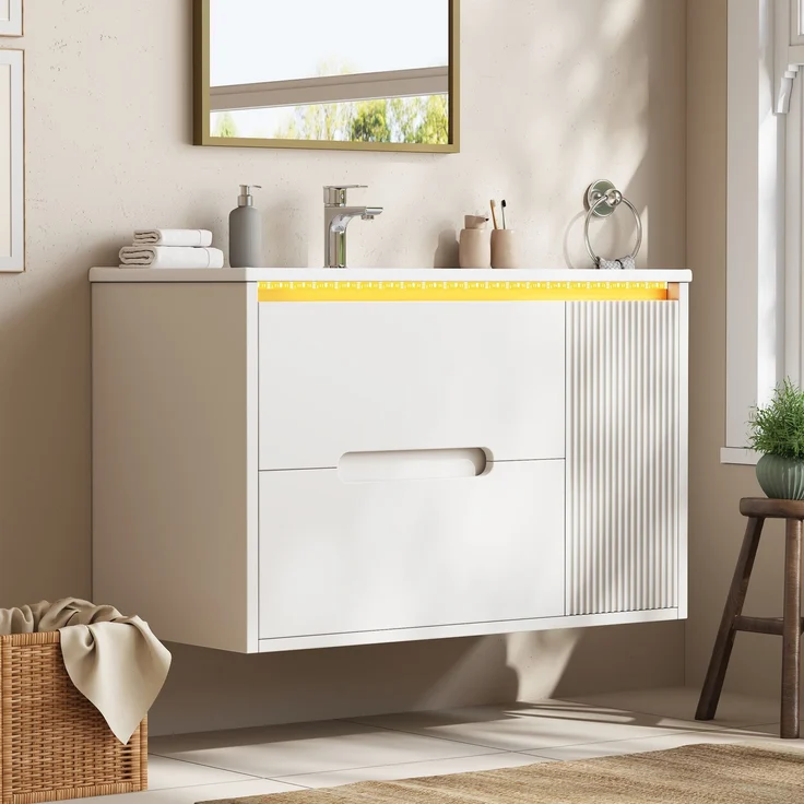 Waschbeckenunterschrank mit Keramikbecken, 81 x 47 x 51 cm, MDF, wandmontiert, mit LED-Beleuchtung – Bild 3