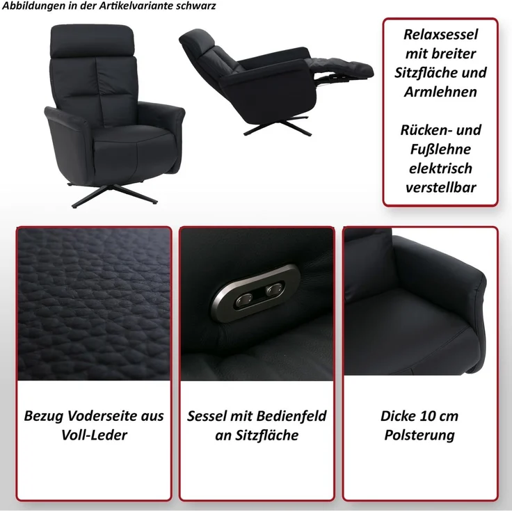 Relaxsessel HWC-L10, TV-Sessel Liegesessel, Liegefunktion drehbar, elektrisch verstellbar Voll-Leder ~ schwarz – Bild 2