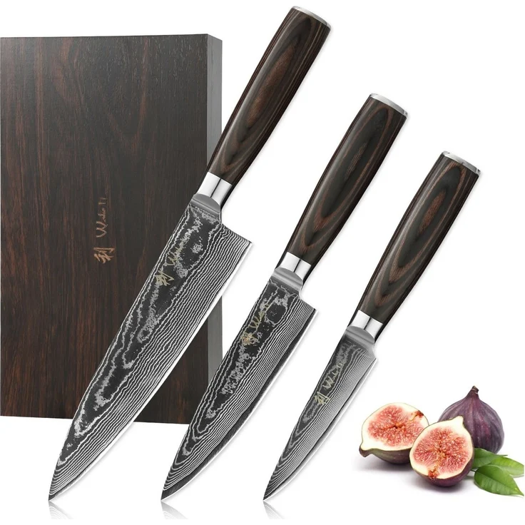 Wakoli Messer-Set EDIB Essentials 3er Damastmesser-Set Küchenmesser Kochmesser (Damastmesser mit Geschenkbox, 3-tlg, 3er Chefmesser-Set), VG10 Kern, 67 Lagen Damaststahl, Pakkaholzgriff, inkl. Geschenkbox – Bild 5