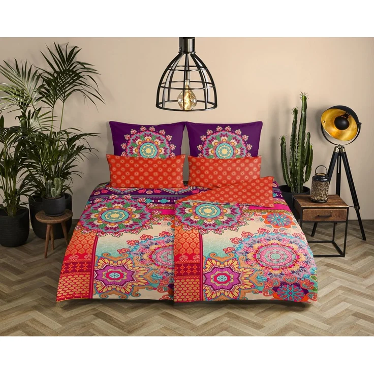 hip Wendebettwäsche Sherhia, Satin, 3 teilig, Satin, Reißverschluss, Wendeoptik, Mandala, Orange, Lila – Bild 1