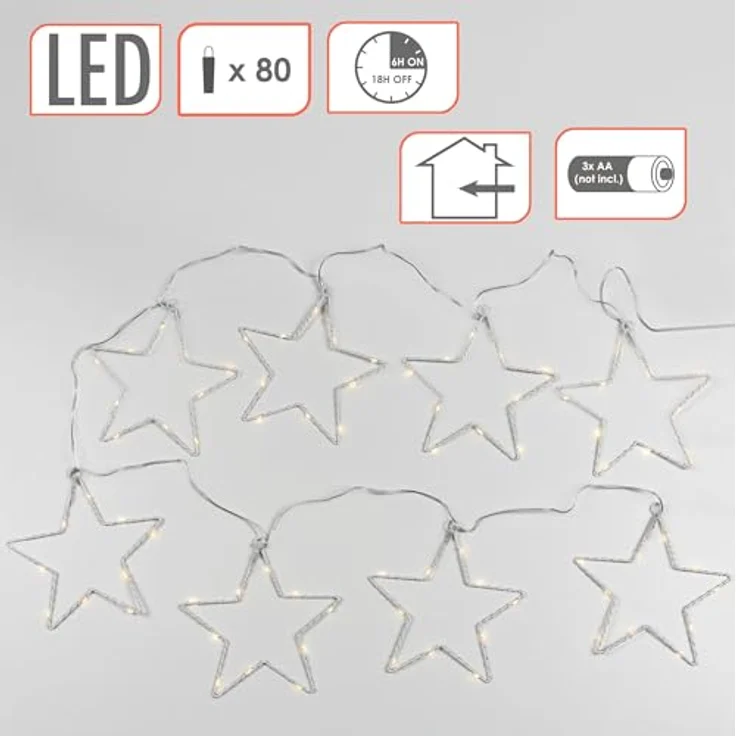 Spetebo LED-Lichterkette Lichterkette mit 8 LED Sternen warm weiß - 200 cm, 80-flammig, Weihnachts Deko Beleuchtung Batterie betrieben – Bild 2