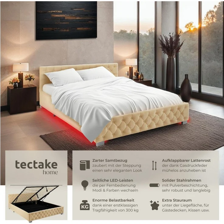 tectake Polsterbett Komfortbett mit LED-Leisten & Stauraum - Samtoptik mit Steppmuster (Bettset, in Beige), stabiler Stahlrahmen, Belastbarkeit 300 kg – Bild 1