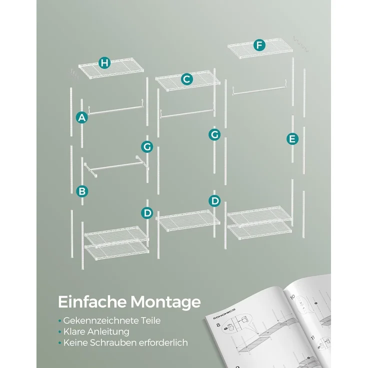 SONGMICS Kleiderständer, offener Kleiderschrank, Garderobe aus Metall, Garderobenständer mit verstellbaren Ablagen und Kleiderstangen, Haken, hochbelastbar, trennbar, wolkenweiß LGRDE431W01 – Bild 9