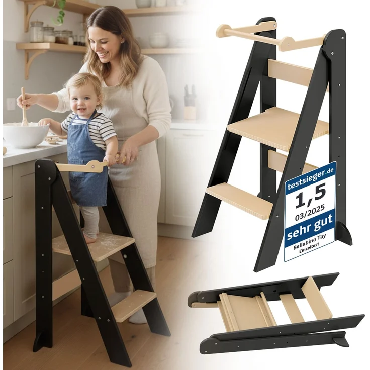 Bellabino 'Tay' Lernturm für Kinder ab 1 Jahr, Tritt 2-fach höhenverstellbar, natur/grau, Birke Sperrholz, klappbar, Tritthocker bis 50 kg belastbar – Bild 1