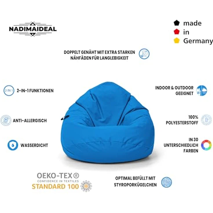Nadimaideal Sitzsack Tropfenform Kastanie | Bodenkissen für Kinder & Erwachsene | Indoor & Outdoor | Gaming Sitzsack - Sitzkissen - Beanbag | Füllung EPS Perlen (Hellblau, XXL-Durchmesser 88 cm) – Bild 4