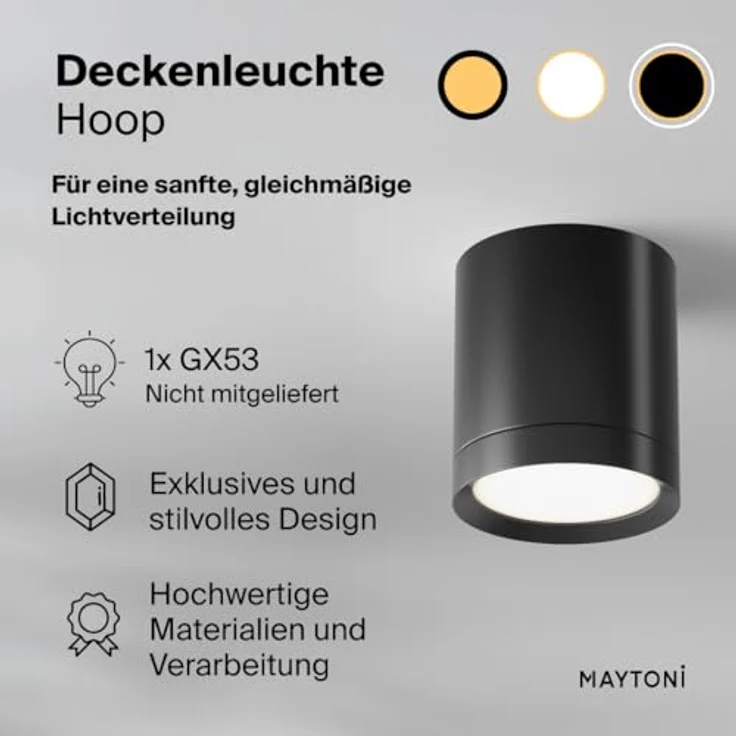 MAYTONI HOOP Deckenleuchte GX53, 12 W - moderner Downlight aus Aluminium in Schwarz für präzise Beleuchtung in Küche, Flur und Wohnzimmer – Bild 2