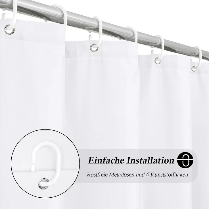 Duschvorhang Weiß Textil Stoff 100x200 Antischimmel Wasserdicht mit 6 Ringen – Bild 2